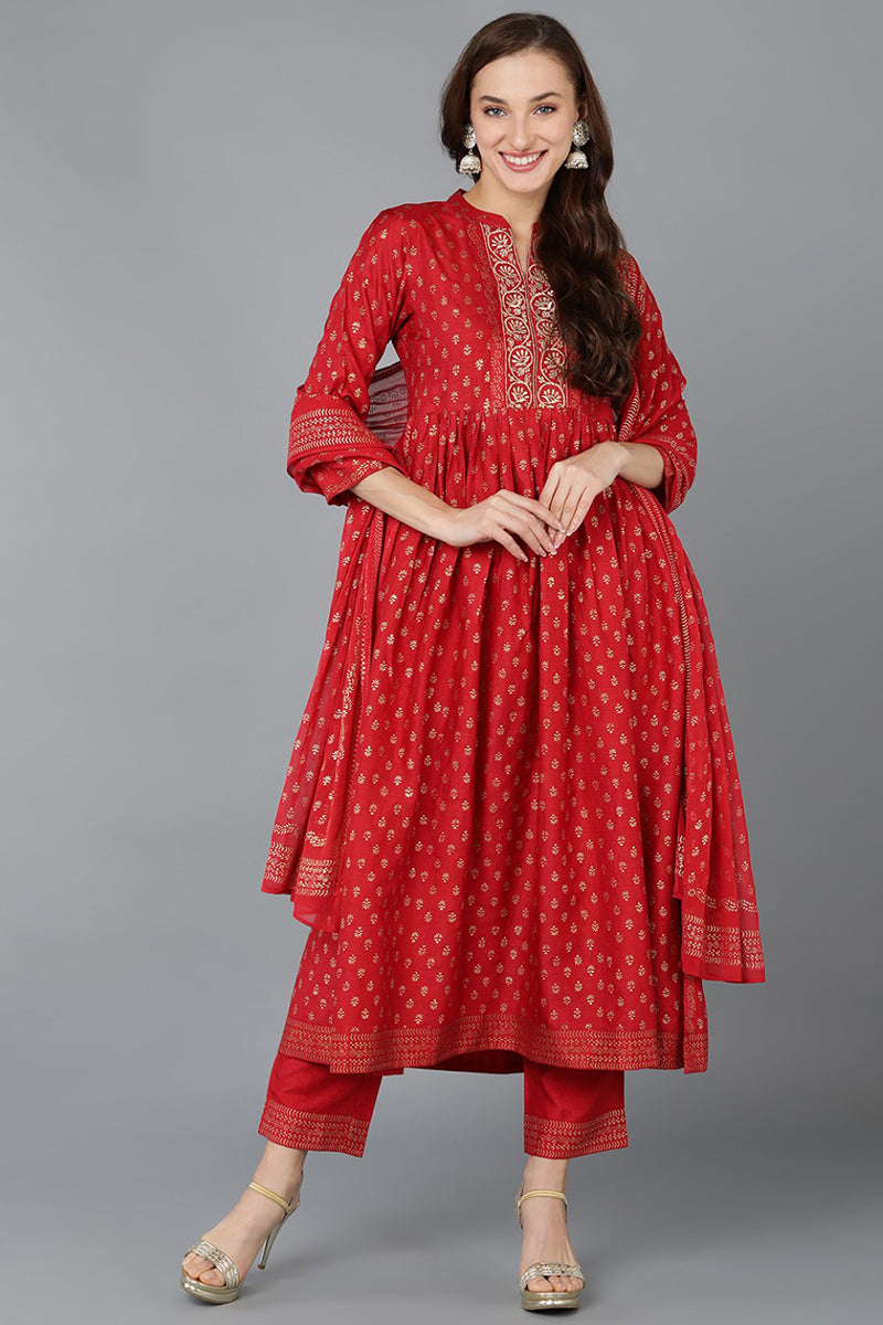 Women's Silk Blend Woven Design Kurta Pant With Dupatta