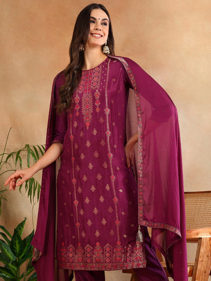 Women's Silk Blend Maroon Embroidered Straight Kurta Pant With Dupatta