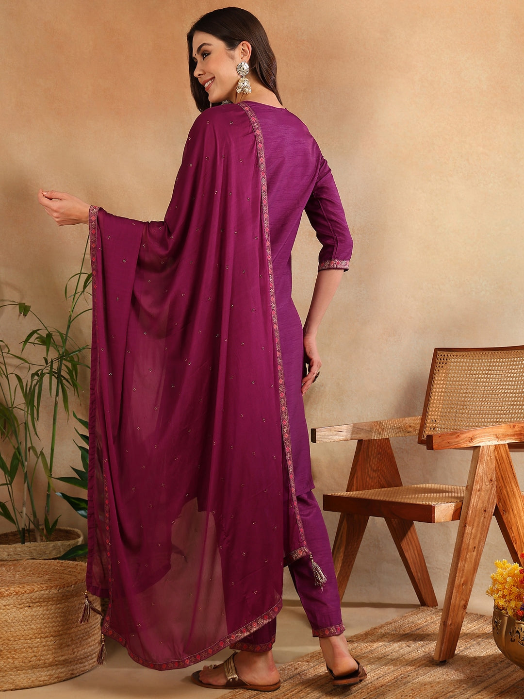 Women's Silk Blend Maroon Embroidered Straight Kurta Pant With Dupatta