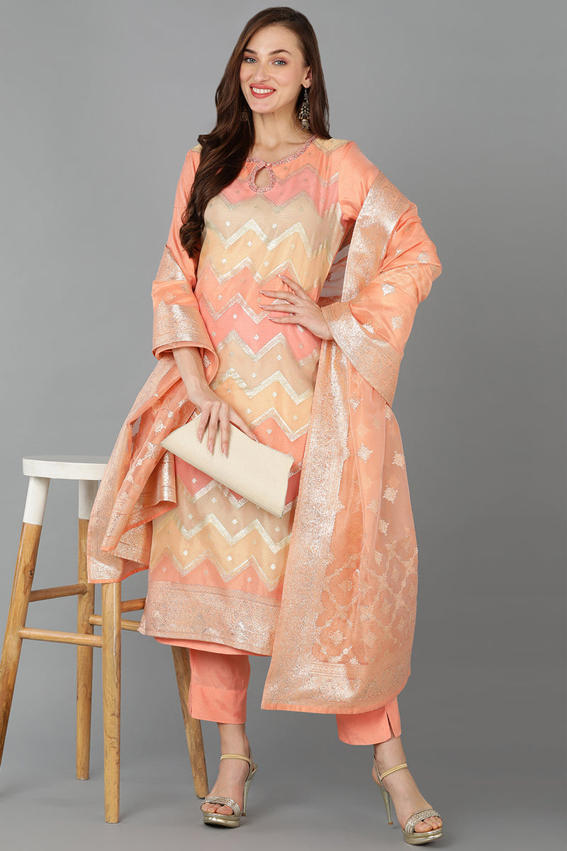 Women's Poly Chanderi Woven Design Geometric Kurta Pants With Dupatta