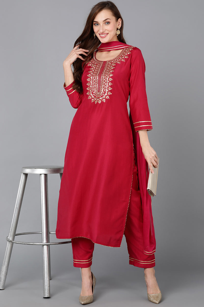 Women's Silk Blend Embroidered Kurta Pant With Dupatta
