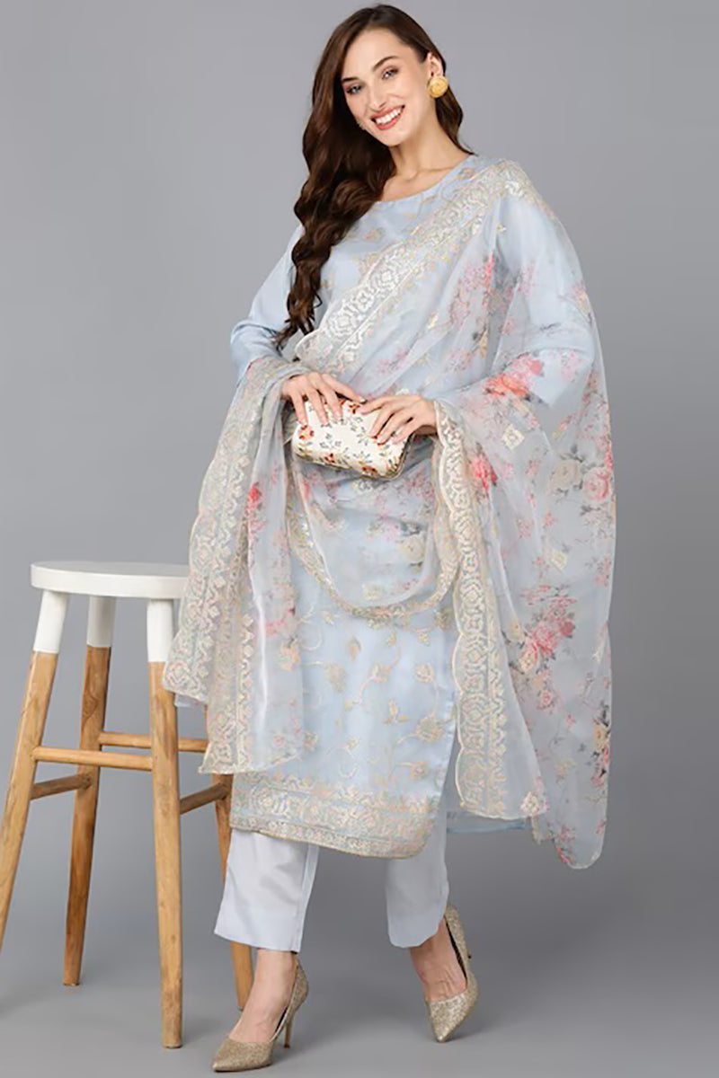 Women's Organza Embroidered Kurta Pants With Dupatta