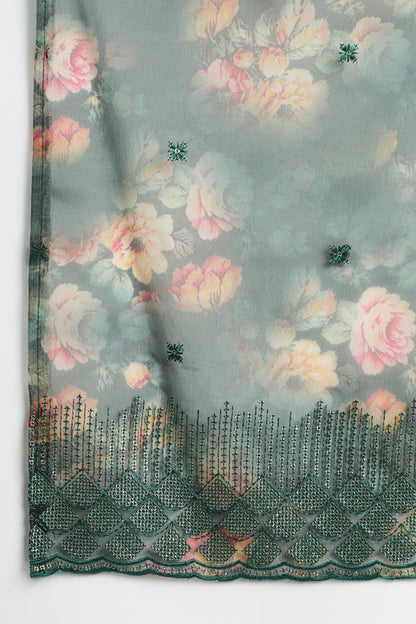 Women's Organza Green Floral Printed Straight Suit Set