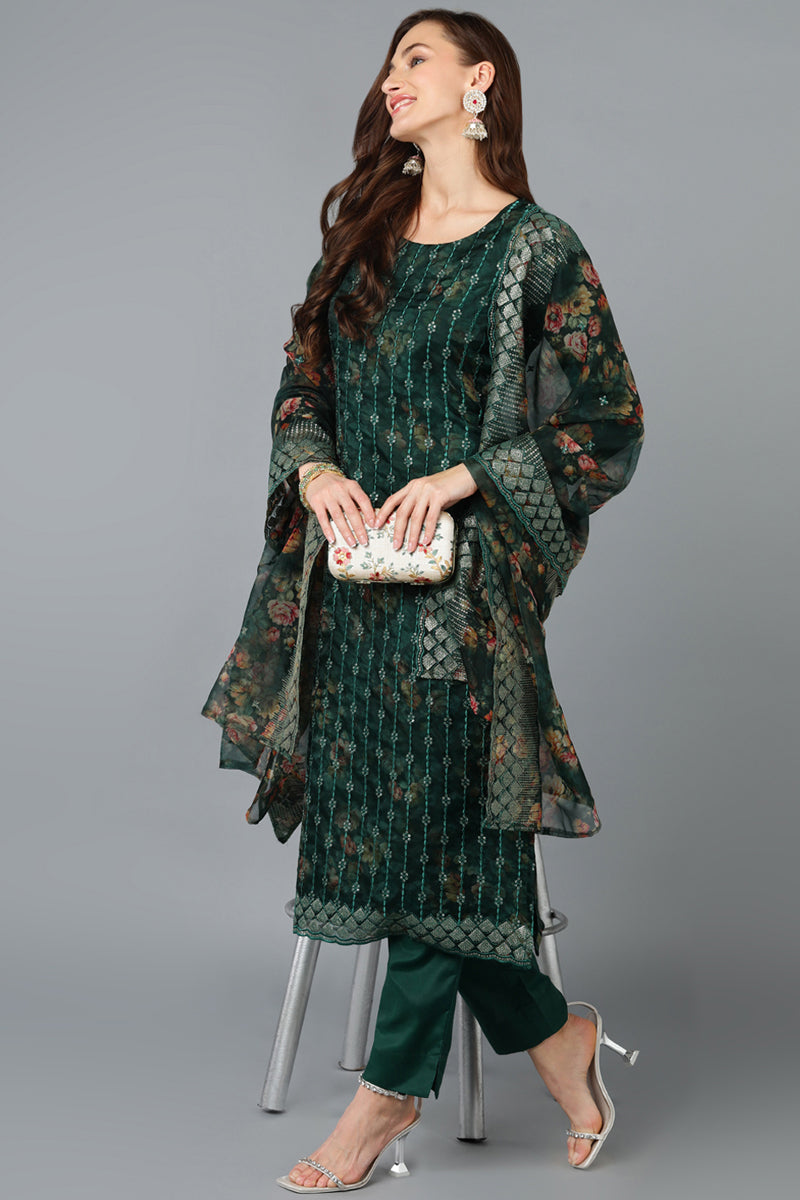 Women's Organza Green Floral Printed Straight Suit Set