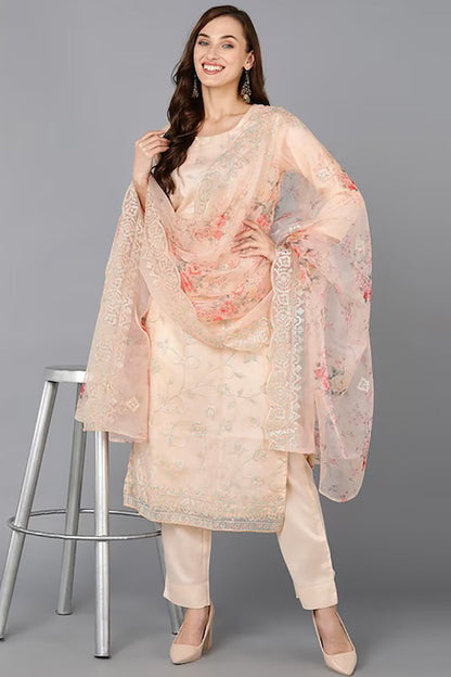 Women's Organza Embroidered Kurta Pants With Dupatta