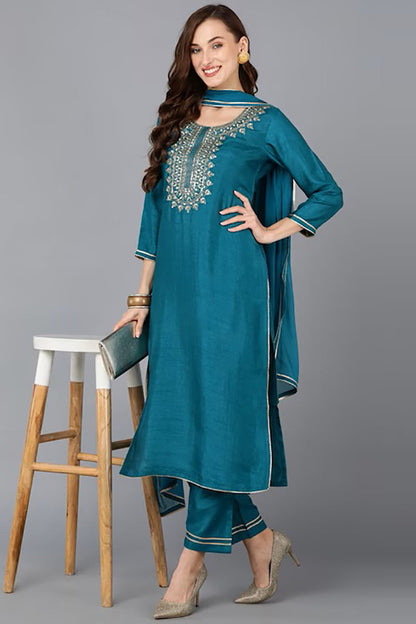 Women's Silk Blend Embroidered Kurta Pants With Dupatta