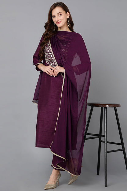 Women's Silk Blend Embroidered Kurta Pant With Dupatta
