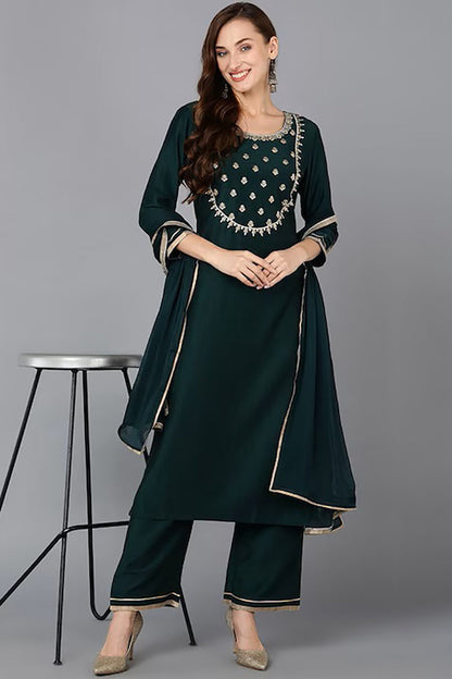 Women's Silk Blend Yoke Design Kurta Palazzos With Dupatta