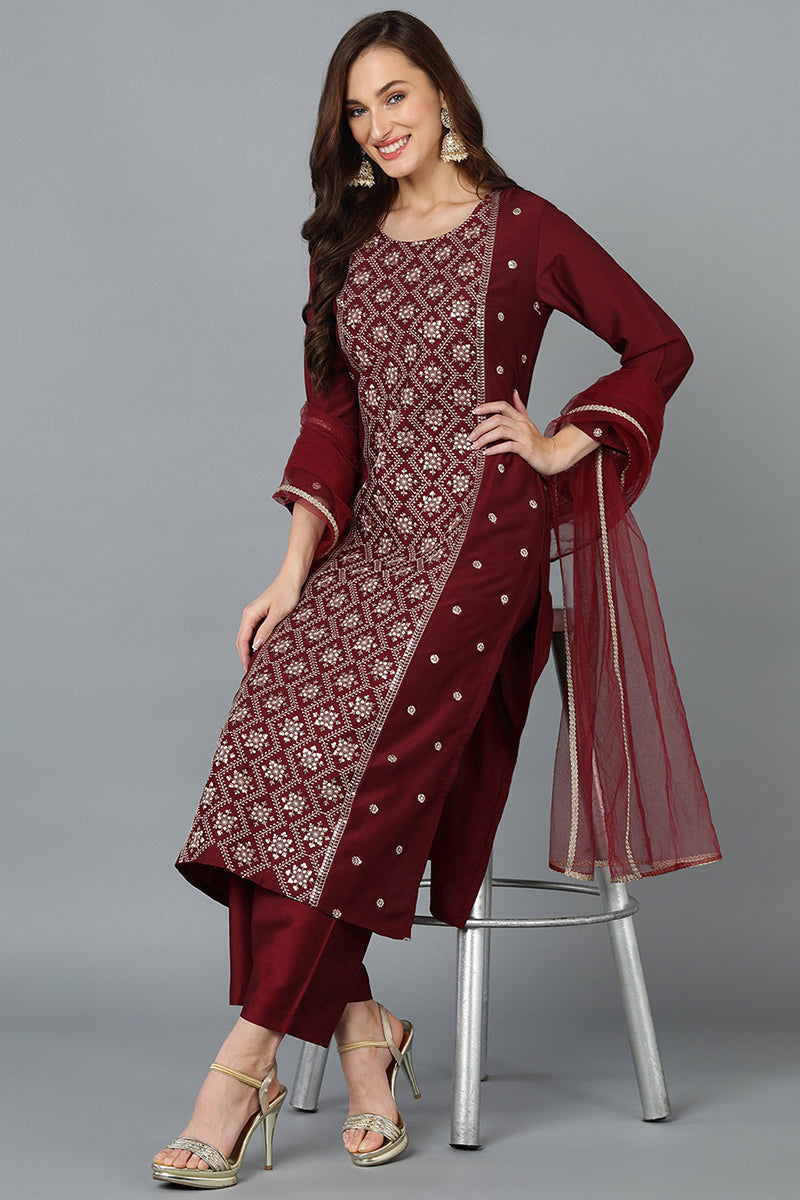 Women's Maroon Silk Blend Embroidered Party Wear-Ahika