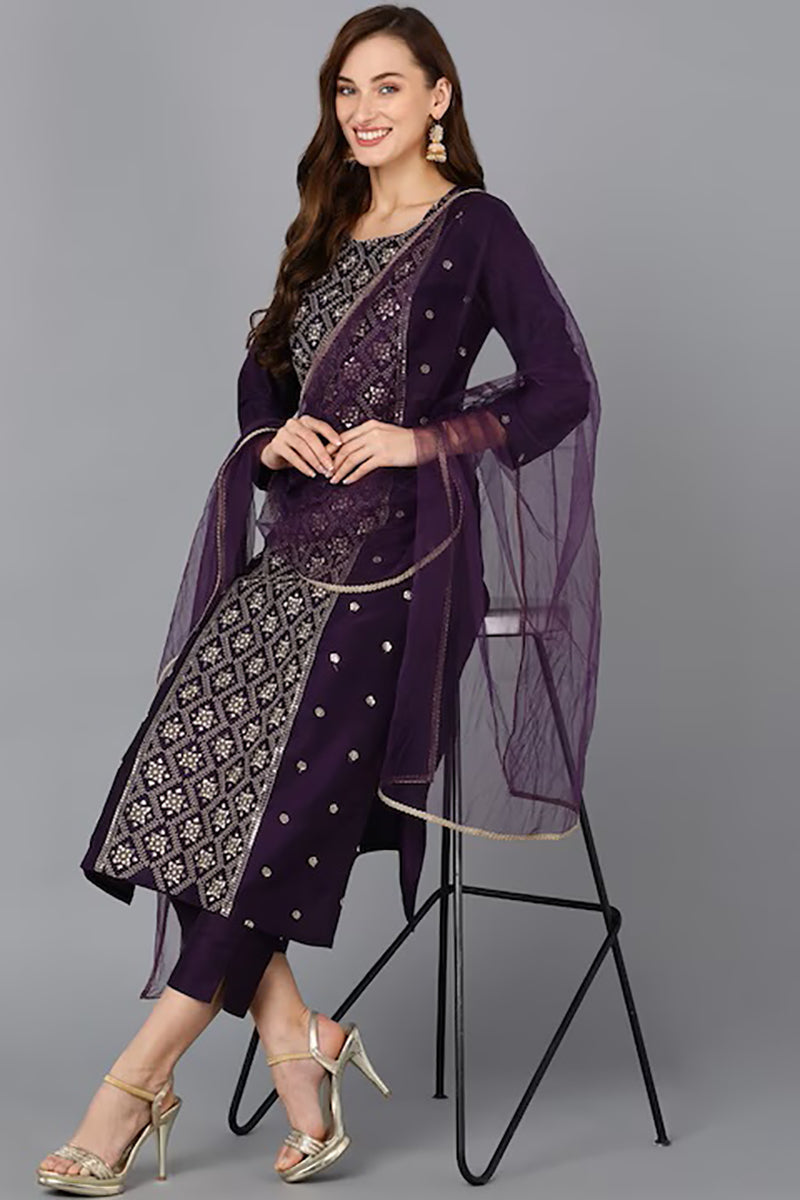 Women's Silk Blend Embroidered Kurta Pants With Dupatta
