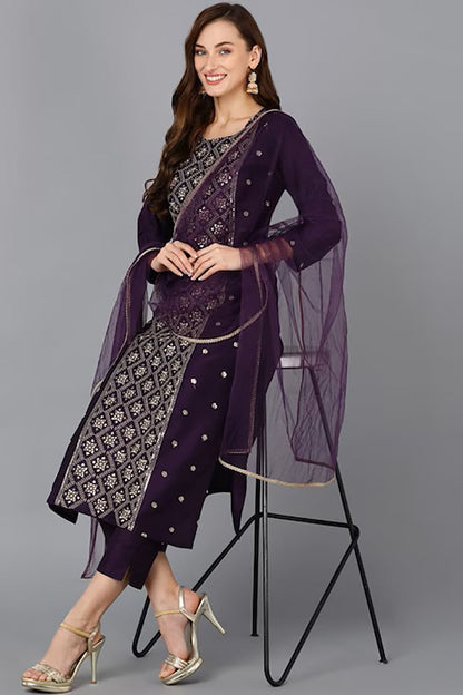 Women's Silk Blend Embroidered Kurta Pants With Dupatta
