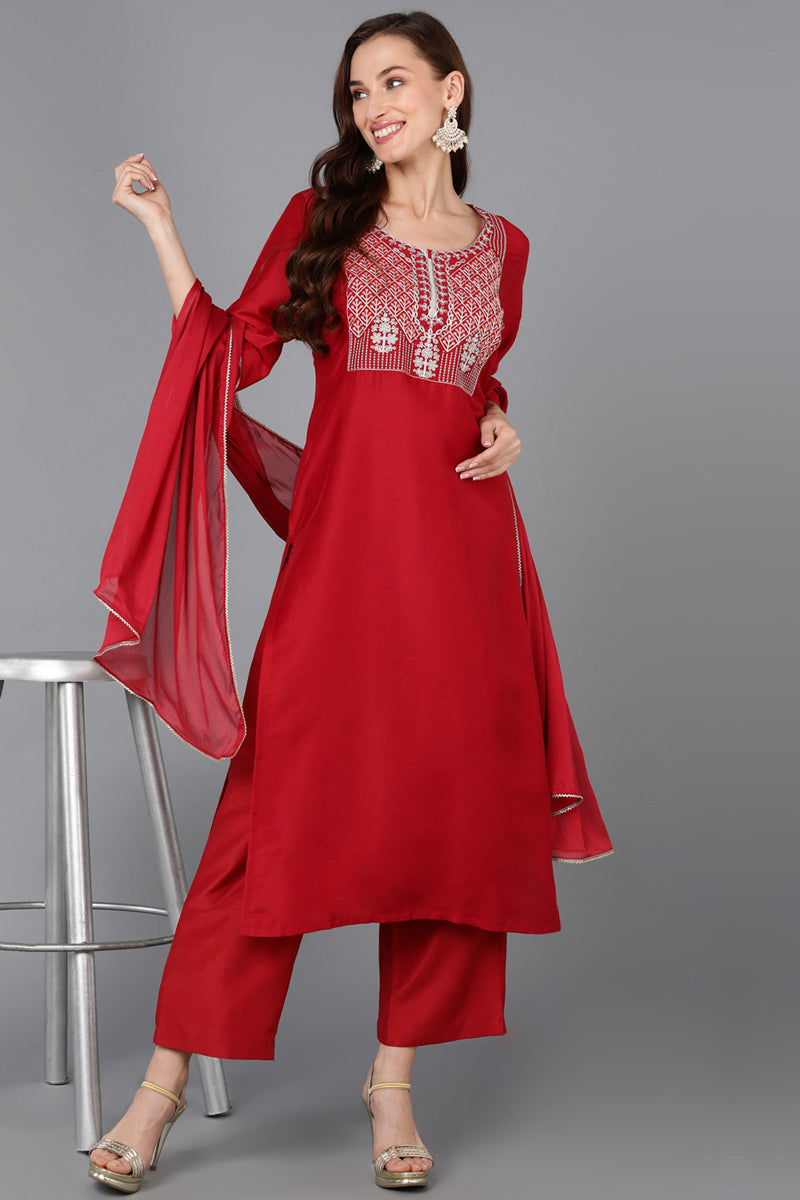 Women's Silk Blend Yoke Design Kurta Palazzos With Dupatta