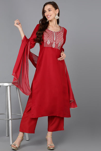 Women's Silk Blend Yoke Design Kurta Palazzos With Dupatta