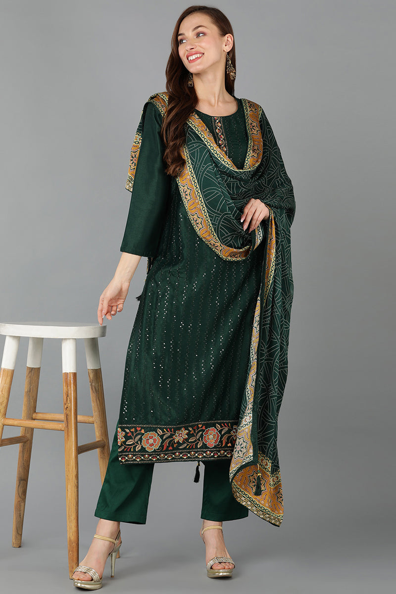 Women's Silk Blend Embroidered Ethnic Motifs Kurta Pants With Dupatta