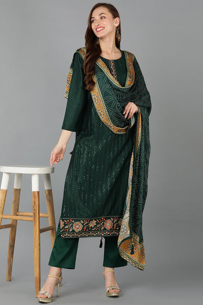 Women's Silk Blend Embroidered Ethnic Motifs Kurta Pants With Dupatta