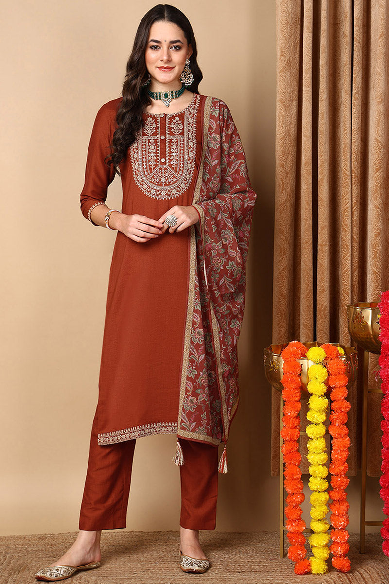 Women's Silk Blend Yoke Design Kurta Pants With Dupatta