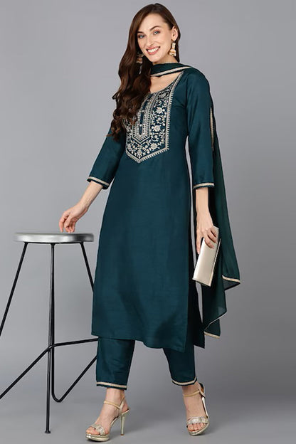 Women's Silk Blend Yoke Design Kurta Pants With Dupatta