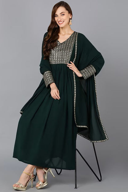 Women's Georgette Yoke Design Kurta Pants With Dupatta