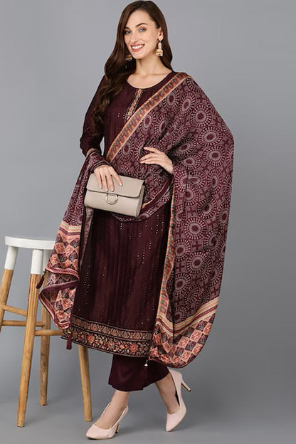 Women's Silk Blend Embroidered Kurta Pants With Dupatta
