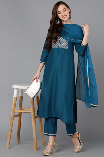Women's Silk Blend Embroidered Kurta Pants With Dupatta