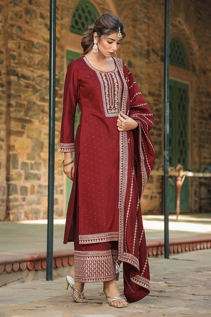 Women's Silk Blend Embroidered Kurta Palazzos With Dupatta
