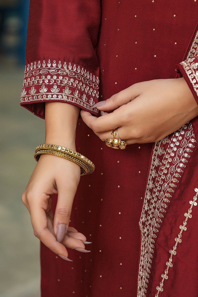 Women's Silk Blend Embroidered Kurta Palazzos With Dupatta