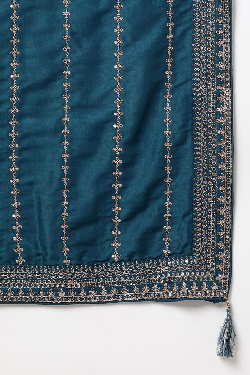 Women's Silk Blend Embroidered Kurta Palazzos With Dupatta