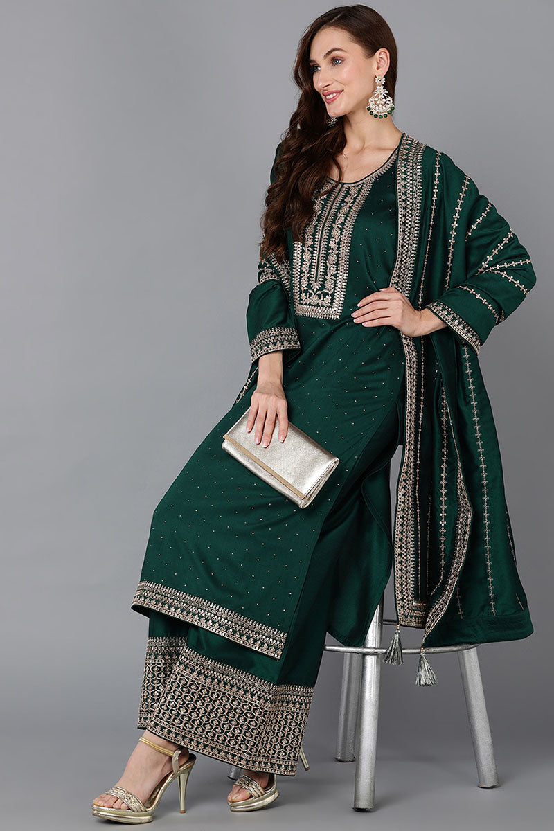 Women's Silk Blend Embroidered Kurta Palazzos With Dupatta