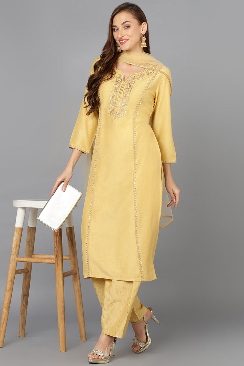 Women's Flaxen Yellow Silk Blend Embroidered Festive Wear-Ahika