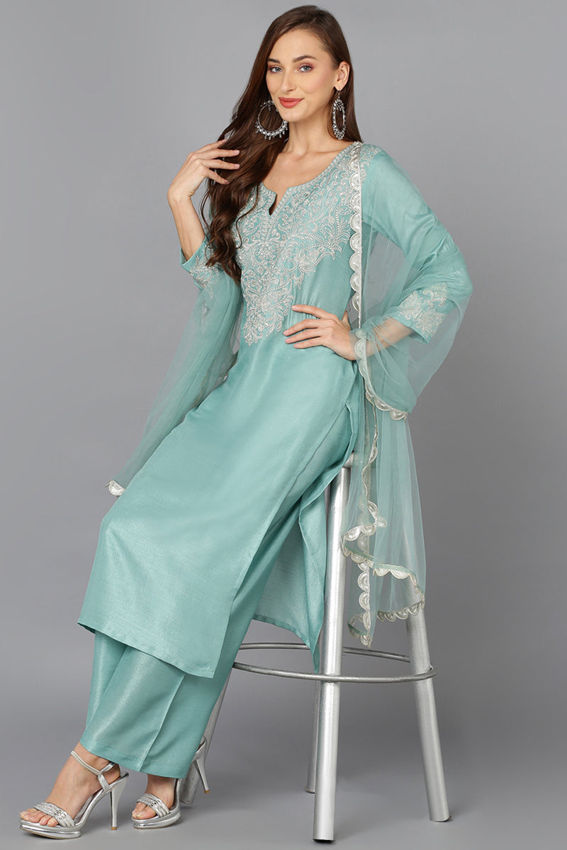 Women's Sea Green Silk Blend Embroidered Festive Wear Suit Set