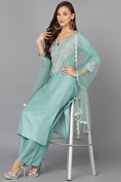 Women's Sea Green Silk Blend Embroidered Festive Wear Suit Set