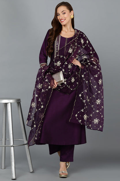 Women's Purple Silk Blend Embroidered Anarkali Festive Wear-Ahika