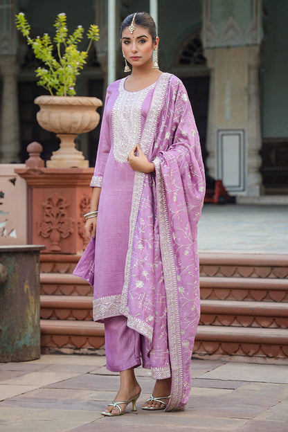Women's Lilac Silk Blend Embroidered Party Wear