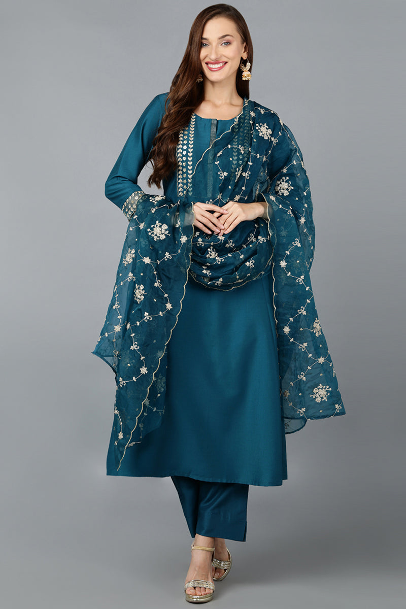 Women's Silk Blend Turquoise Embroidered Anarkali Festive Wear-Ahika