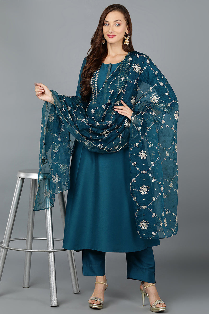 Women's Silk Blend Turquoise Embroidered Anarkali Festive Wear-Ahika