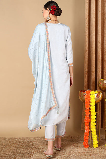 Women's Silk Blend Ice-Blue Jacquard Festive Wear-Ahika
