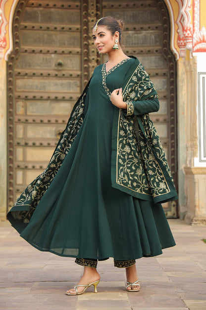 Women's Dark Green Georgette Angrakha Pant With Dupatta