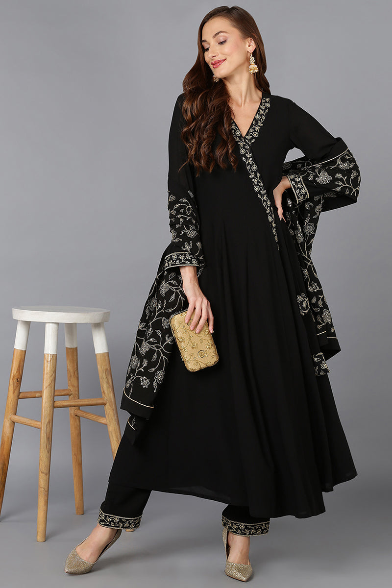 Women's Black Georgette Angrakha Pant With Dupatta