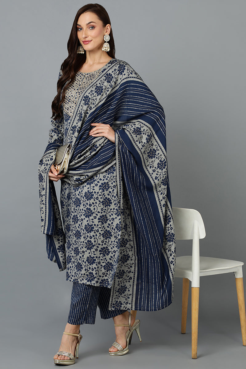 Women's Silk Blend Blend Grey Straight Printed Kurta Pant With Blue Dupatta