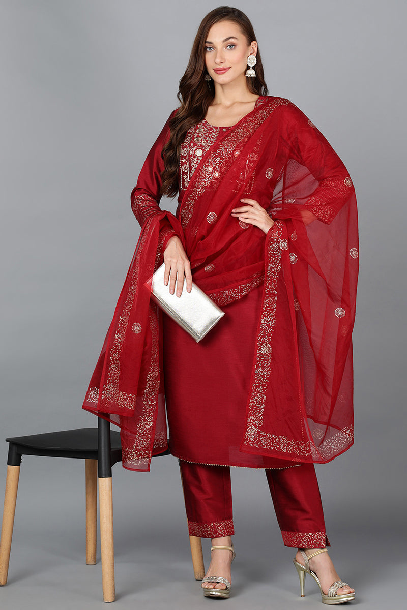 Women's Silk Blend Yoke Design Kurta Pant With Dupatta