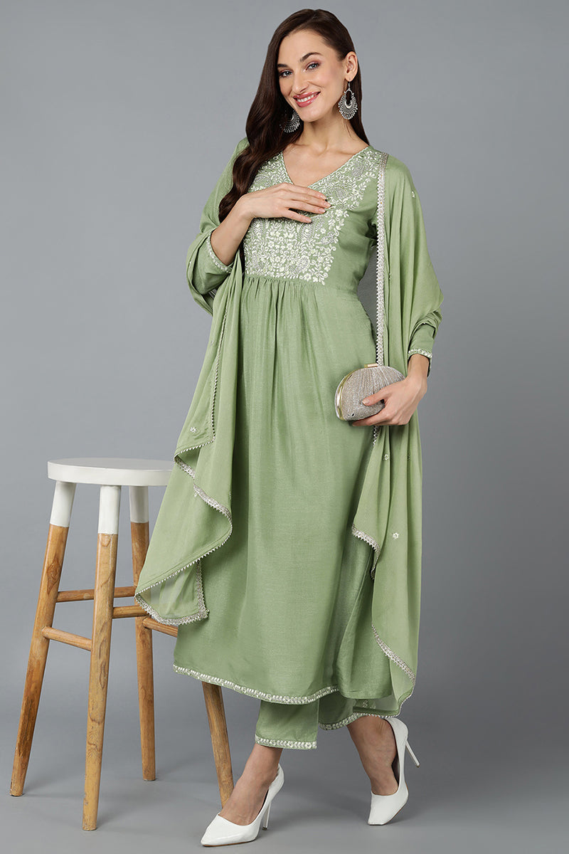 Women's Silk Blend Sea Green Straight Kurta Pant With Dupatta