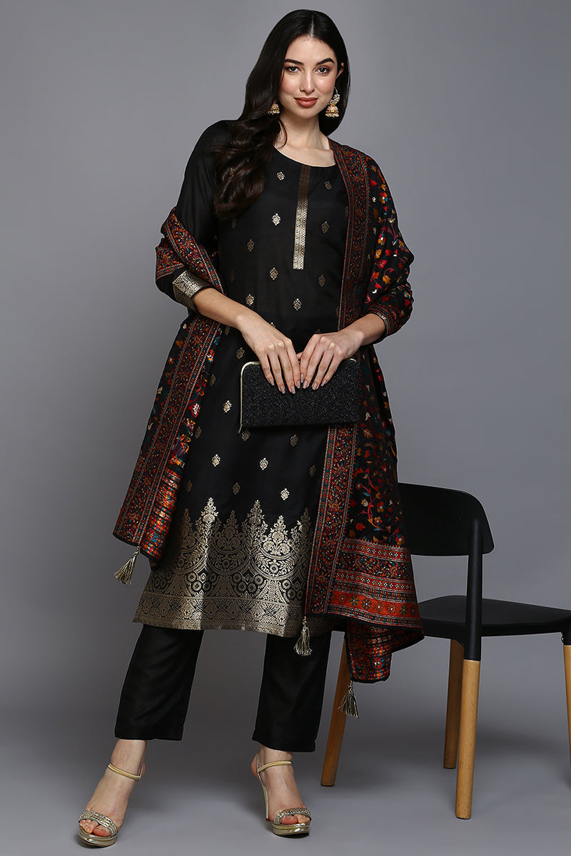 Women's Silk Blend Black Jacquard Straight Kurta Pant With Dupatta