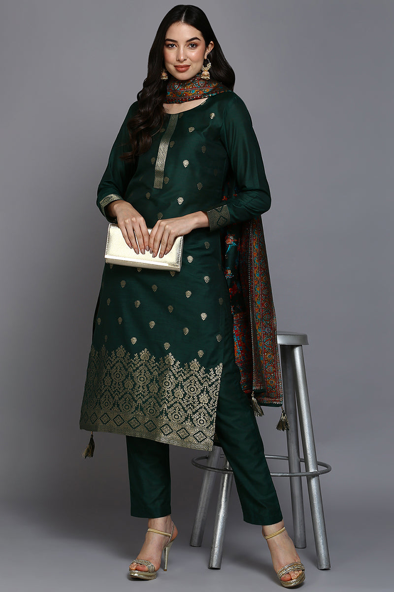 Women's Silk Blend Green Jacquard Straight Kurta Pant With Dupatta