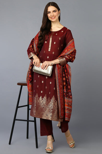 Women's Silk Blend Maroon Jacquard Straight Kurta Pant With Dupatta