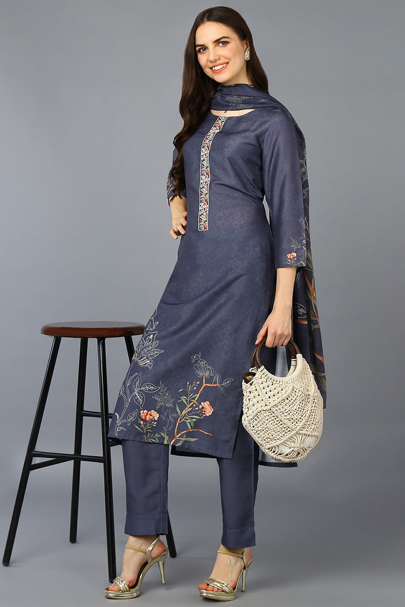 Women's Silk Blend Grey Printed Straight Kurta Pant With Dupatta