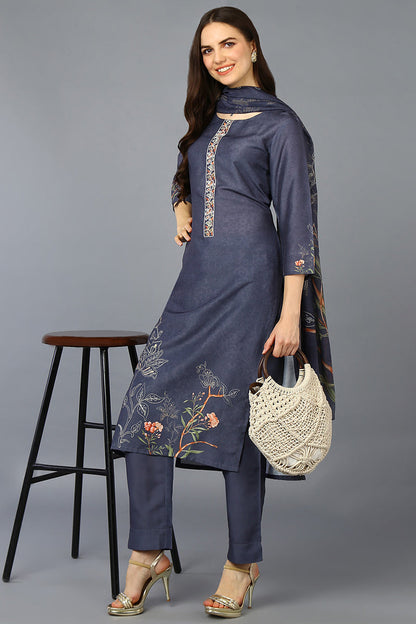 Women's Silk Blend Grey Printed Straight Kurta Pant With Dupatta