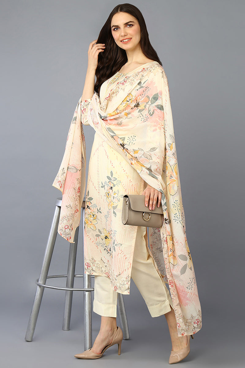 Women's Silk Blend Yellow Printed Straight Kurta Pant With Dupatta
