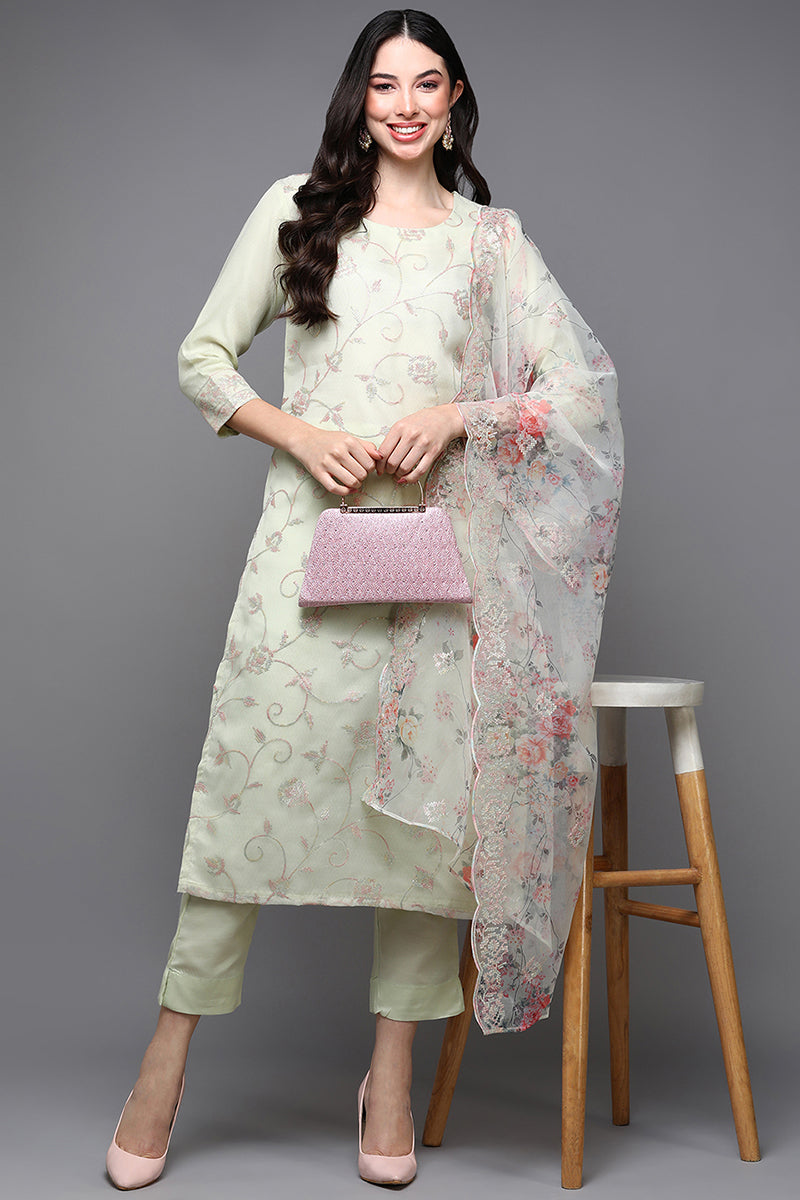 Women's Organza Green Embroidered Straight Kurta Pant With Dupatta