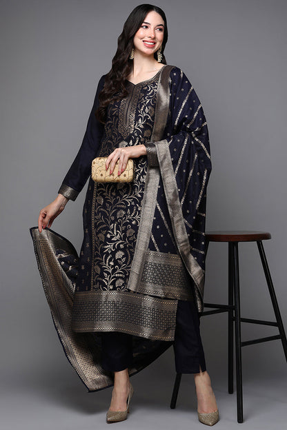 Women's Poly Chanderi Black Jacquard Straight Kurta Pant With Dupatta