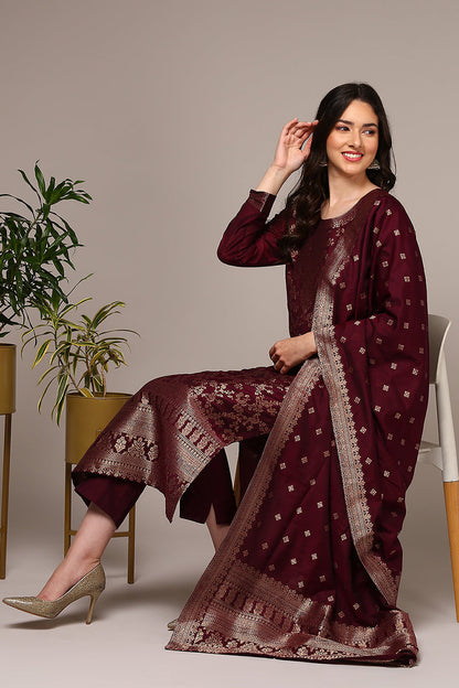 Women's Maroon Poly Chanderi Woven Design Straight Kurta Pant With Dupatta
